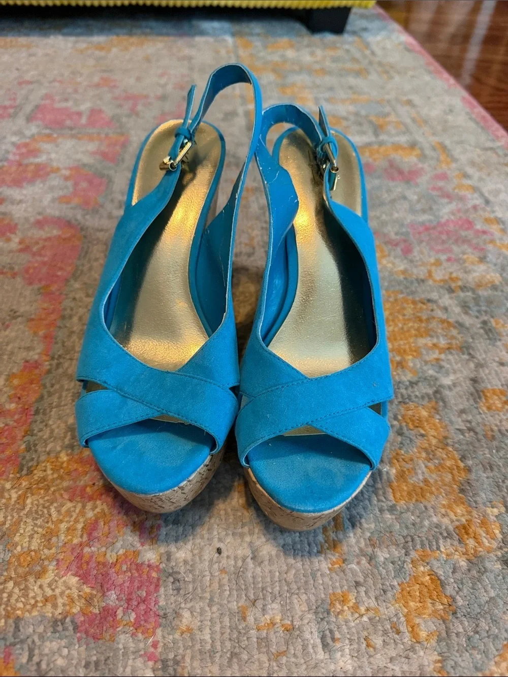 Turquoise Suede Cork Platform Wedge Slingbacks